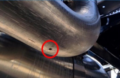 This image showing an exhaust-elbow intentional drain hole was added to the inspection bulletin to illustrate the variety of hole locations, which shouldn’t be marked as violations. “The previous version had a photo of an intentional drain hole in the muffler,” Wirachowsky said, “but newer models have water drain holes in other places.”