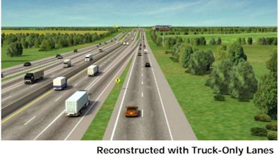 The Missouri DOT says the proposed I-70 rebuild could include trucks-only lanes, as pictured here.