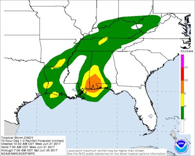 The storm is expected to dump 6-to-9 inches of rain, with isolated areas with up to 12 inches, over southeastern Louisiana, southern Mississippi, southern Alabama and portions of the western Florida panhandle. (National Weather Service)