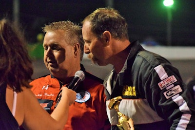 Proffitt (left) and Morgan during the post-race interview in victory lane.