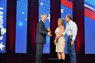 Owner-operator Mike Ross of Oklahoma (pictured with his wife, Michelle) was among the more than 120 new inductees to reach 1 million safe miles honored during the program. Also honored were 11 2 million mile safe drivers, two with 3 million (including 30-plus-year Landstar veteran Dennis Treff) and a new 12-member class of Roadstars.