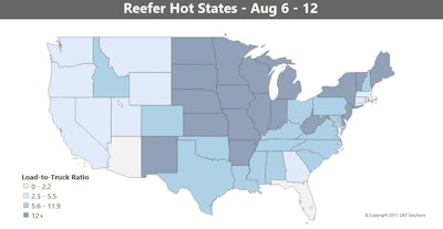 A seasonal transition is underway in produce harvests, as we head into the back-to-school season, so there is lots of demand for temp-controlled transportation. Central California is still active, and imported produce continues to be a factor at border crossings with Mexico, as well as seaports including Miami. The rest of the Southeast is pretty quiet now. Midwest reefer demand boosted, meanwhile, last week. Is it apple season yet?