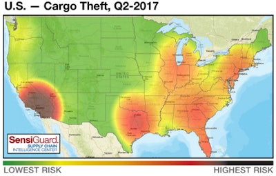 The number of cargo thefts in California fell substantially during the second quarter, but the state still had the most cargo thefts in the nation, according to SensiGuard.