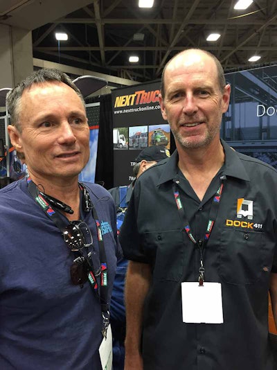 Owner-operator Steve Heglmeier (left) received a demonstration of the new Dock411 app from Dock411 co-founder Eric Weidl at the Great American Trucking Show.