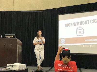 Julie Dillon, communication and wellness manager with the St. Christopher Fund, kicked off the Rigs Without Cigs campaign at the Great American Trucking Show Thursday.