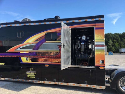 The Arguin’s truck features a five-foot garage with a Rampage power lift for Ron’s 2014 Indian Chieftain motorcycle.