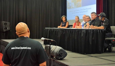 Driver Bob Stanton (second from right) responds to an audience member’s question at the GATS ELD driver panel convened by FMCSA.