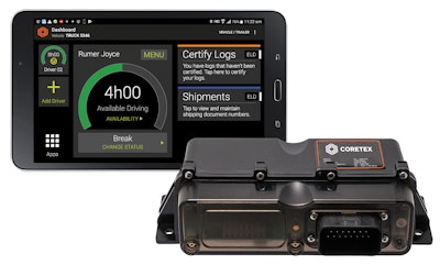 The Coretex ELD is “compatible with all vehicle types and has been written from the ground up by Coretex engineers,” the company says. The platform uses the company’s existing range of in-vehicle hardware for active fleet management and is tightly integrated into both Coretex 360, the company’s feature-rich fleet management system and Coretex DRIVE, its Android-based in-cab system, which operates in-cab via dedicated tablet (pictured).