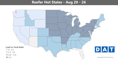 The national average for reefer rates stayed put last week at $2.07 per mile, but pricing got rearranged by region.