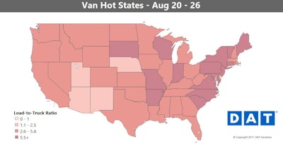 The demand map for the dry van segment — darker shaded areas indicate higher load-to-truck ratios on the board — continued to be on the darker side in the last week, part of a somewhat uncommon trend in the spot market for this time of year. Run through the shifting sands of van demand between March and the most recent week in the video at the top of this post.