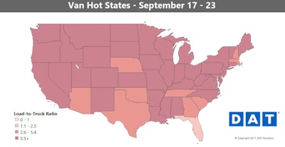 Compare this map to last week’s van demand map to see the shifting picture in load-to-truck ratios by state on DAT boards.