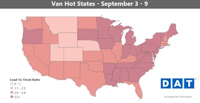 The load-to-truck ratio states map doesn’t tell the whole story for regions around the country. Compare it to the more granular hot markets map that follows, which tracks load-to-truck ratios on DAT boards by major freight markets rather than overall states, in which the darker red — showing good demand for truckers — is spread more evenly.