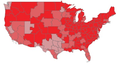 Late September is typically when the “second freight season,” historically associated with Halloween and Christmas retail markets, warms up. But to see it this hot, virtually across the country, is unusual to say the least. This map illustrates the ratio of load posts to truck posts. The bright red indicates a ratio of 5.5 loads or more for every truck posted.