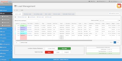 The image shows an example of the load-management screen within the AscendTMS software suite.