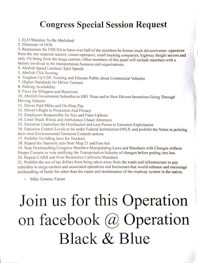 Faram was circulating this list of issues at the Great American Trucking Show last month, where he showed the 2015 M.C. Van Kampen Trucking Pride & Class Pete he drives (see the video below for more). The list has changed a little at this point, and you can access it and other materials related to Black and Blue via this link.