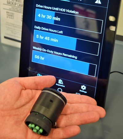 Longtime GPS device maker Garmin recently became just the fifth ELD provider out of more than 50 to offer a device that’s operable without a direct ongoing monthly service fee. Garmin’s eLog device, shown in the hand in this picture of a demo unit, retails for $250 and can pair with Android- and iOS-powered devices, as well as devices in Garmin’s dēzl line of GPS navigation devices.