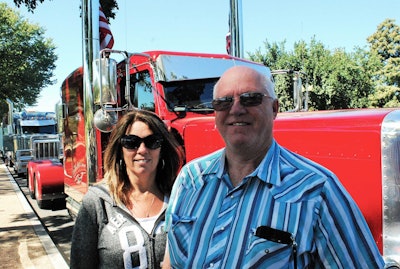 Mike and Ramona Jellison, of Seymour, Iowa. Mike runs in this 2017 Peterbilt 389 hauling reefer LTL to California and elsewhere. “I feel like we owe it to our kids and grandkids to” stand up against what he views as “a violation of our consitutional rights and civil liberties” in the ELD mandate.