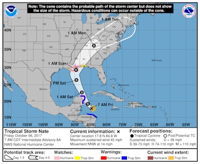 As of Friday morning, Tropical Storm Nate is forecast to reach hurricane status before it makes landfall over the weekend.