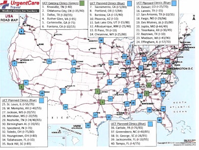 The green dots represent existing UrgentCareTravel locations, and the blue dots represent locations the company intends to add. Slated to open in 2018 are locations in Baytown, Texas; Carlisle, Pennsylvania; Phoenix; West Memphis, Arkansas; Toledo, Ohio; Joplin, Missouri; Laredo, Texas; Spiceland, Indiana; and Hubbard, Ohio. Existing locations include Knoxville, Tennessee; Oklahoma City; Dallas; Cartersville, Georgia; Ruther Glen, Virginia; and Fontana, California. Click here to see the current locations on UrgentCare’s website.