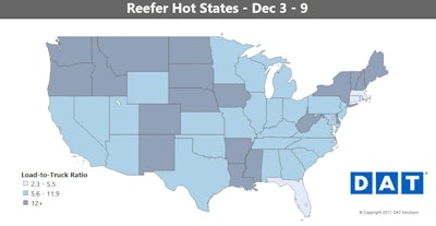 Reefer rates skyrocketed in November, and the hot states map for refrigerated freight looked a lot like the one for dry vans two weeks ago. As you can see in this one, things have calmed down a bit so far in December.