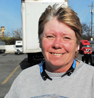 Owner-operator Sandra Mendenhall was at the Nashville rally from a home base in West Virginia, where her husband, Jim Ross, was participating in the event in the state capitol at Charleston. Mendenhall was delivering Monday morning in the area and showed up to show her support. (Photo by Todd Dills)