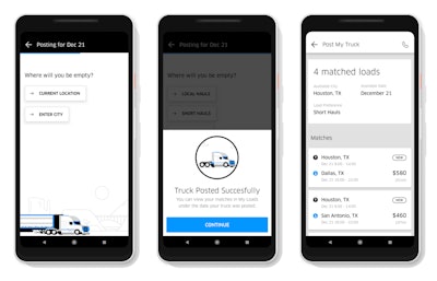 Screenshots from within the app of new “Post My Truck” functionality and the load-preview screen.