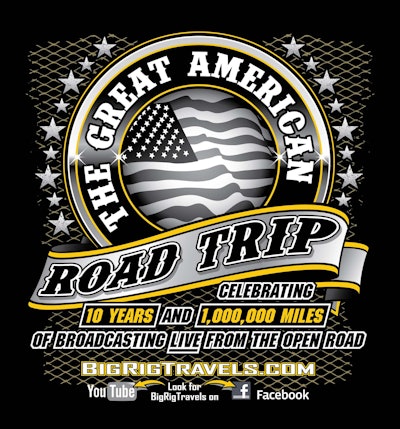 BigRigTravels.com’s 10th-anniversary t-shirt design mark’s just the third time Michaels has produced t-shirts, this design by a site “Road Crew” member who’s a designer in Colorado.