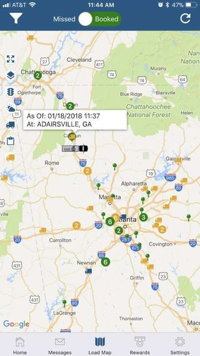 The app gives drivers a tool that pinpoints haul opportunities on a map, as shown here in a given area, among many other capabilities.