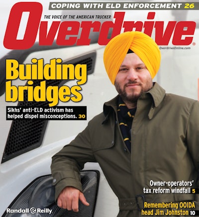 Pictured on the February 2018 cover of Overdrive is Racchpal Singh Dhillon, one of many Sikh truckers who went to Washington, D.C., to protest the ELD mandate last year. Dhillon came to the United States in 2004 from India and quickly earned his CDL. In 2014, he started his own company, OnTime Trans, based in Noblesville, Indiana. He now owns and operates 16 trucks. His wife, Nancy, emigrated from India in 2012 and now handles OnTime’s accounting, paperwork and management.