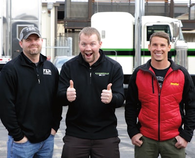 Robert Fitzgerald (left) and Tommy Fitzgerald Jr. (center) and Alex Laughlin, driver of the Laughlin Motorsports pro stock drag racer, are shown in front of the Peterbilt 389 Fitzgerald customized for the racing team.