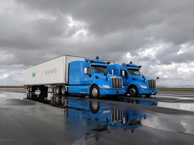 The company did not specify what types of trucks it would be using for its testing, but photos corresponding with Waymo’s announcement show two blue Peterbilts equipped with the company’s sensor system.