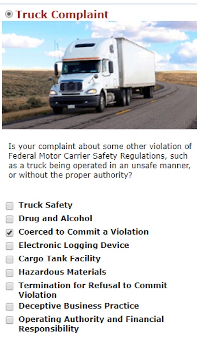 The initial selection on the desktop version of the FMCSA’s complaints website looks like this.