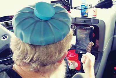 Team owner-operators Nick and Kim Holley have experienced no small amount of frustration with the quirks of their leasing fleet’s custom ELD solution. Among new “pre-trip essentials,” they joke, is this hot water bottle for the headaches.