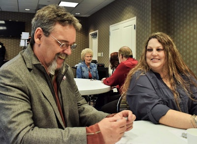 Among those in attendance Saturday was owner-operator George Linkenhoker of Kilmarnock, Va., who ran 700 miles out of route to attend. He’s pictured here with Treena Morgan of Southeast Idaho, who works with a bevy of independent owner-operators as a dispatcher and in other business-support roles. In its current push to stimulate business and support first responders during national tragedies, owner-operator Linkenhoker told Arpaio, “what the government is forgetting is us. When a hurricane comes, we’re [among] the first responders. We’re the [unacknowledged] responders. … Now we’re being forgotten” a regulations pile on.