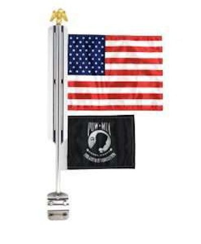 Example flags mounted on the X50 custom-designed pole — find more about Leptien’s truck options via this link.