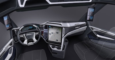 This rendering shows the interior of the Nikola One tractor. A large touchscreen tablet will display information such as battery level, range and mapping, as well as cabin controls. The mapping feature will allow drivers to find Nikola fueling stations and service centers, and a form of freight-matching software also will be included, Nikola says. Screens are mounted on each side to display feeds from cameras.