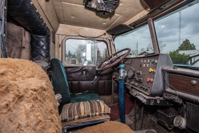 Elmore's 1974 Diamond Reo cab from passenger's side seat