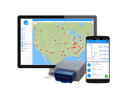 The BIT ELD’s OBDII version, with screenshots from back-office portal and smartphone views of the backing software.
