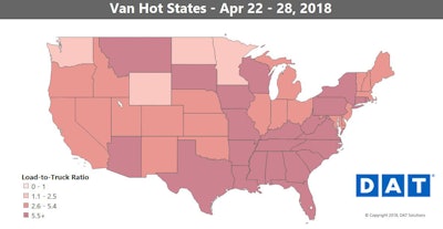 The van demand picture is generally more of a mixed bag in the last week, with the highest load-to-truck ratios centered across the South and East.