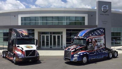 Volvo unveiled a custom VNR 640 (left) and a VNL 760 (right) for the Memorial Day weekend Ride for Freedom events in Washington, D.C.