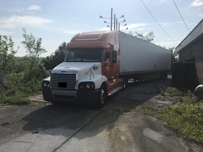 This tractor-trailer, containing nearly $1 million worth of a cancer treatment drug, was stolen last week in Tennessee. The truck and trailer were recovered, but the drugs had been stolen out of the trailer. (Photo courtesy Giles County Sheriff’s Department)
