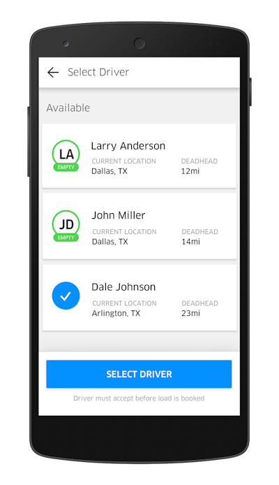 This screen shows available drivers in the fleet-mode version of the Uber Freight app, whose sign-up page now includes “dispatcher” and “driver” options for those interested in working with the brokerage, in addition to “shipper” and “owner-operator” selections.