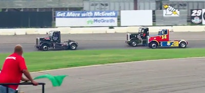 Justin Ball (No. 17) leads Jon Lisenbee (7) and Ricky “Rude” Proffitt (14) at Hawkeye Downs Speedway on Sunday, July 29.