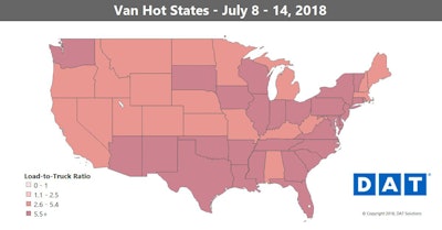 Freight rates in a lot of places are still historically high, even if a whopping 81 of the top 100 van lanes had lower average prices last week.