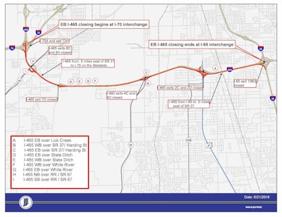 The Indiana DOT is planning a complete closure of the eastbound lanes of I-465 beginning Sept. 14. I-65 and I-70 will be used as detour routes.