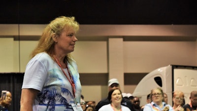 Past owner-operator and current driver Nancy Hudson drives a T680 Kenworth tractor in the expedited operation of AD Transport. Hudson lives in Columbus, Mich.