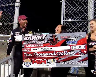 “88 Mike” Morgan celebrates his first Minimizer Bandit Big Rig Series win of 2018 at Lake Erie Speedway in North East, Pa.