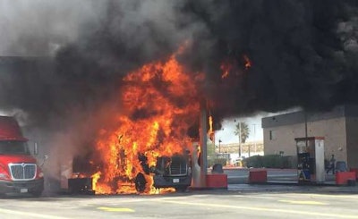 A fire destroyed two tractor-trailers at the TA truck stop in Lenwood, Calif., Monday afternoon. (Photos by Anthony Riley)