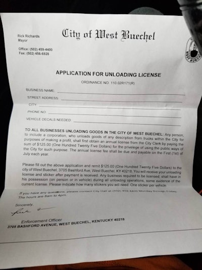 This photo of West Buechel’s unloading license application was posted in a trucking Facebook group.