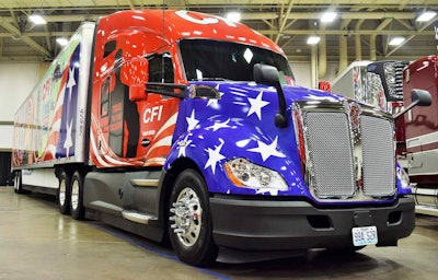 An example of one of the “True to the Troops” trucks, displayed in Overdrive‘s Pride & Polish competition at the Great American Trucking Show today through Saturday, Aug. 25. The fleet hopes the trucks also serve a recruitment purpose, to which point CFI has opened up portals for both military veterans and female drivers at these links..